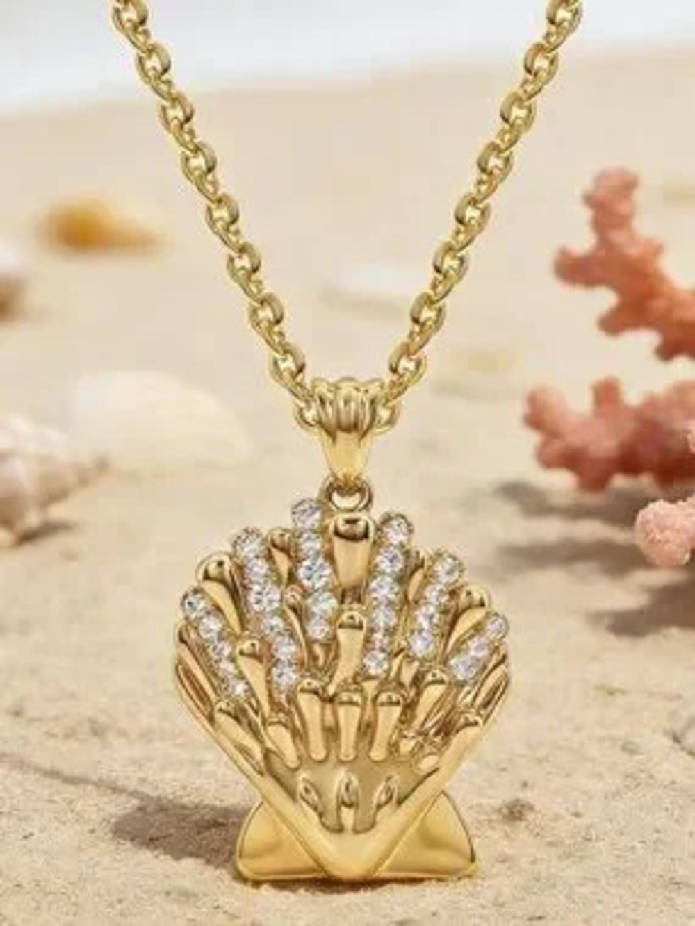 Anthropologie Gold Shell Pendant Necklace with Crystal Accents